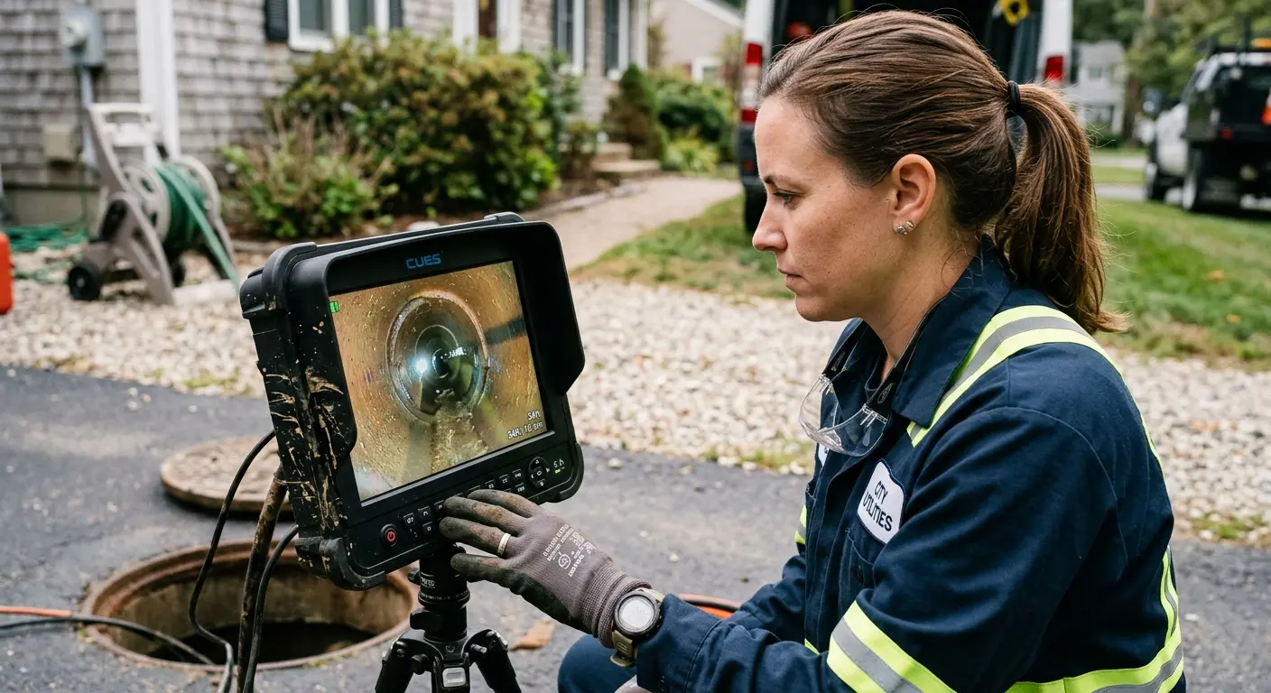 Technician reviewing sewer camera inspection footage in Dalton