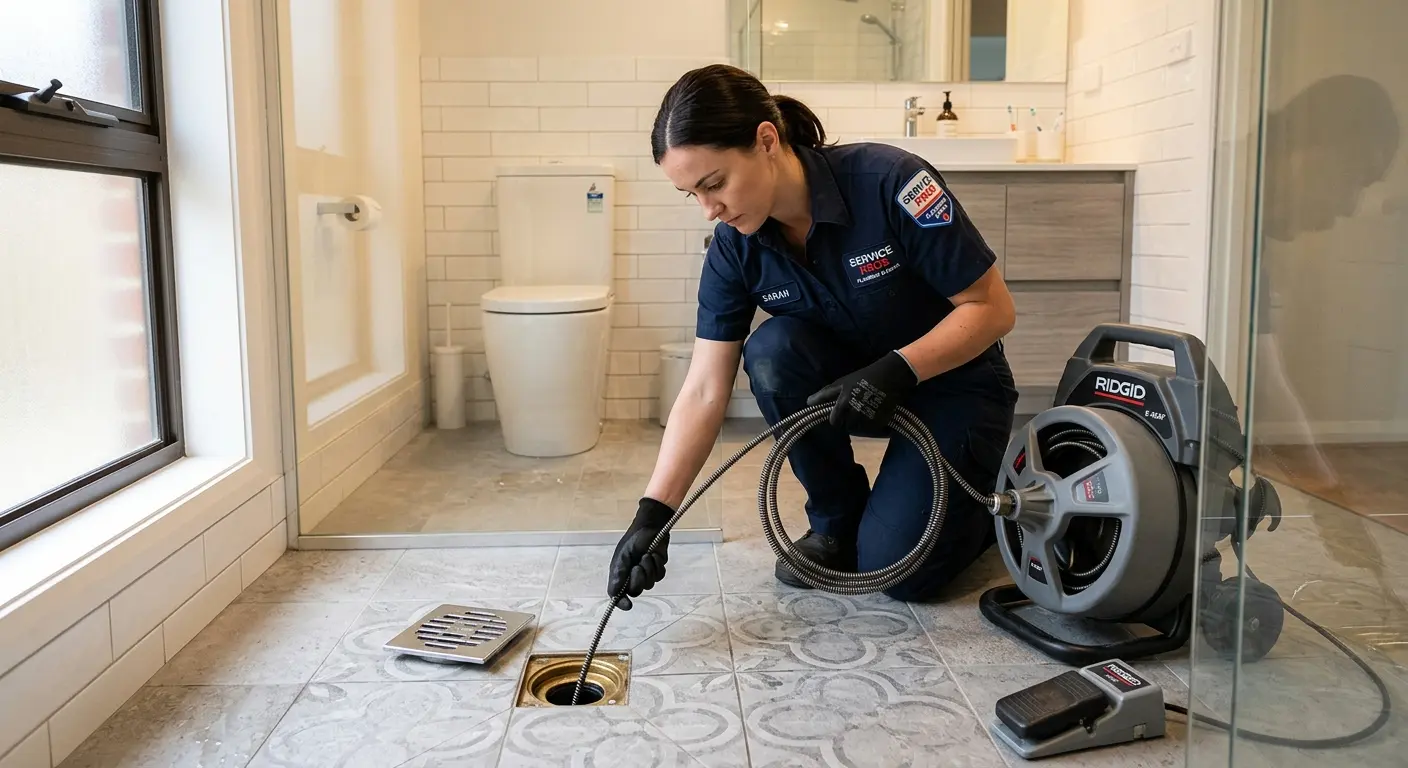 Technician clearing a bathroom floor drain for Drain Cleaning in Dalton
